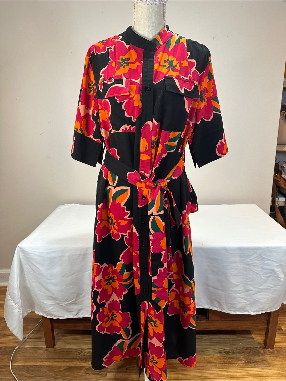 Gracia Black Maxi Shirt Dress with Pink & Orange Floral Print